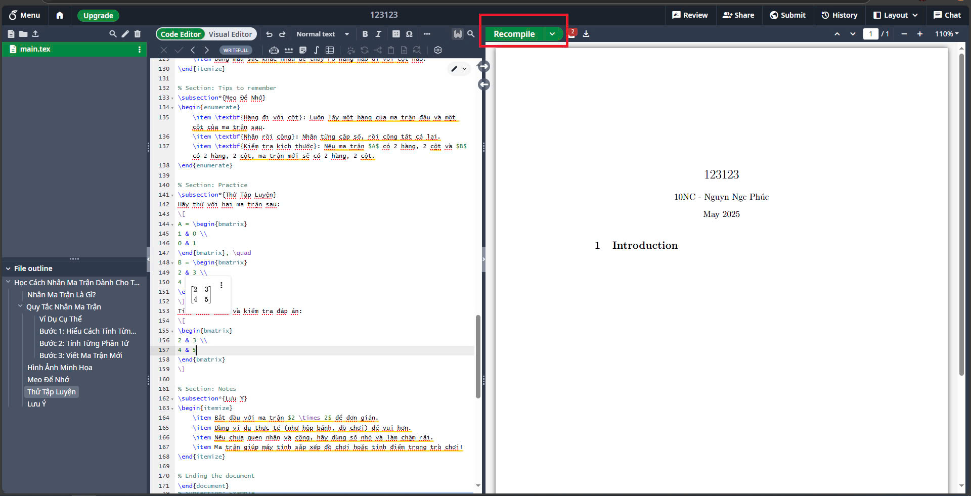 Nút Recompile trong Overleaf