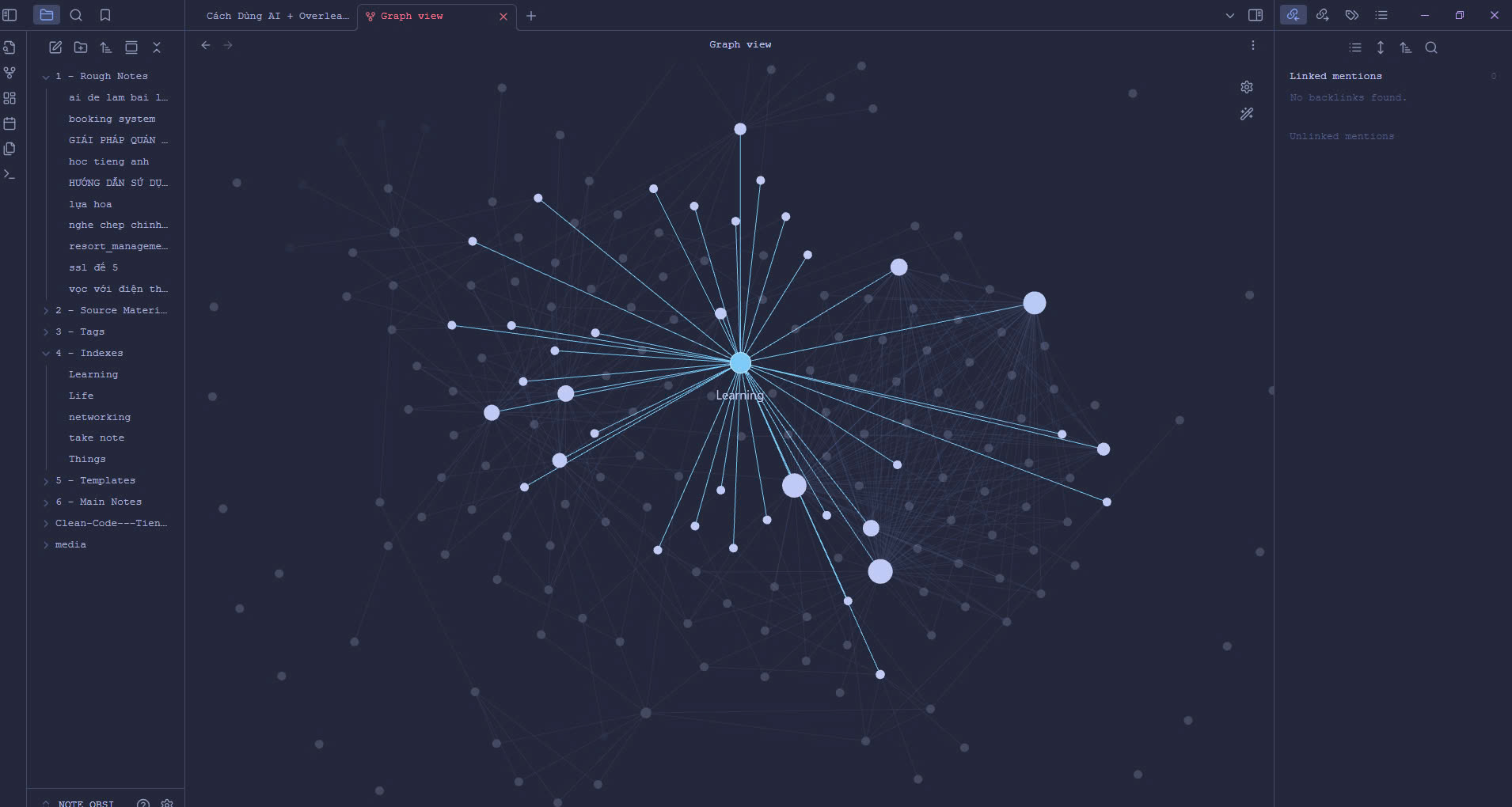 Graph view của Obsidian thể hiện liên kết ghi chú - góc 2